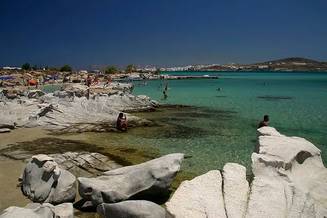 Kolymbithres Beach in Paros, featuring a mixed shoreline with calm water conditions