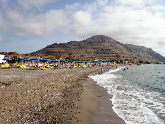 Lardos beach in Rhodes, featuring a mixed shoreline with moderate water conditions