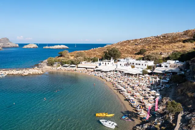 Pallas Beach in Rhodes, featuring a mixed shoreline with moderate water conditions