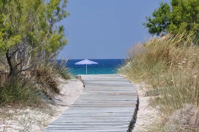 Lambi beach in Kos, featuring a mixed shoreline with moderate water conditions