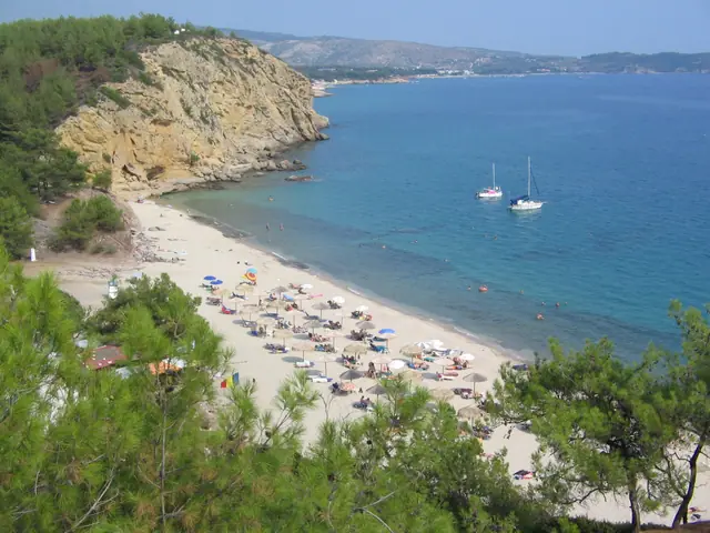 Metalia beach in Thassos, featuring a mixed shoreline with moderate water conditions