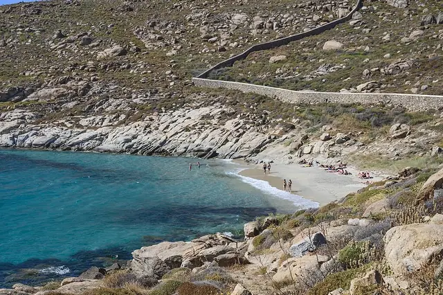 Kapari Beach in Mykonos, featuring a sandy shoreline with calm water conditions