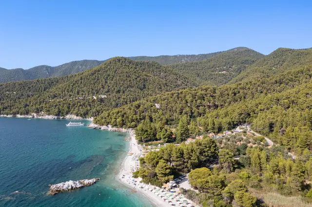 Milia beach in Skopelos, featuring a sandy shoreline with moderate water conditions