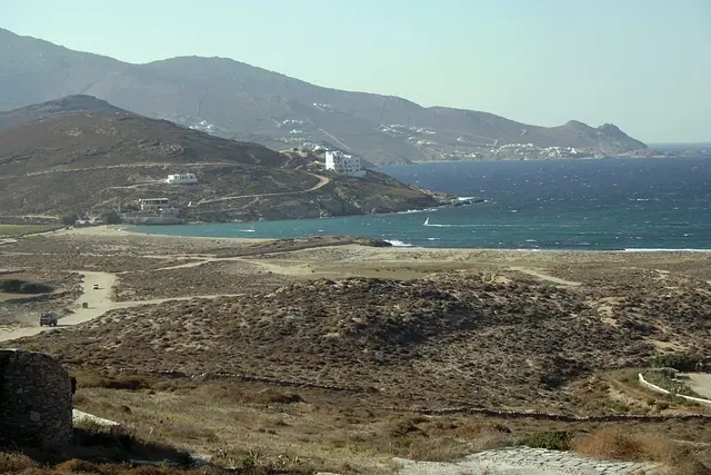 Ftelia Beach in Mykonos, featuring a mixed shoreline with wavy water conditions