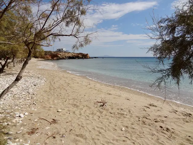 Glyfa Beach in Paros, featuring a sandy shoreline with moderate water conditions