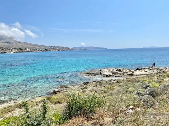 Divounia Beach in Mykonos, featuring a pebbly shoreline with calm water conditions