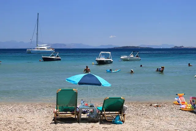 Dassia Beach in Corfu, featuring a mixed shoreline with calm water conditions, certified with Blue Flag status for environmental quality