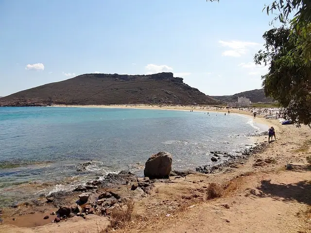 Panormos Beach in Mykonos, featuring a sandy shoreline with calm water conditions