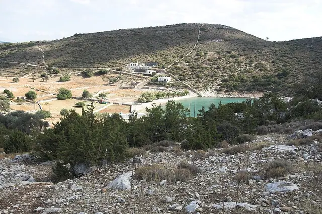 Panormos Beach in Naxos, featuring a mixed shoreline with calm water conditions