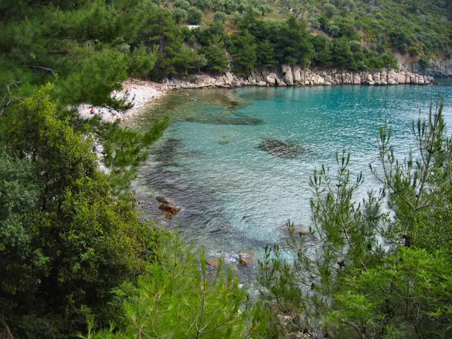 Agios Ioannis beach in Thassos, featuring a sandy shoreline with moderate water conditions