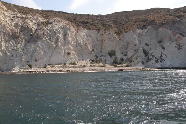 White Beach in Santorini, featuring a mixed shoreline with moderate water conditions