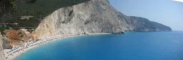 Porto Katsiki beach in Lefkada, featuring a mixed shoreline with moderate water conditions
