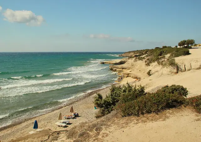 Volcana beach in Kos, featuring a mixed shoreline with moderate water conditions