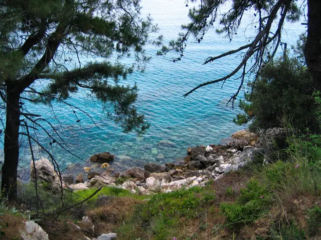 Porto Vathy beach in Thassos, featuring a pebbly shoreline with moderate water conditions