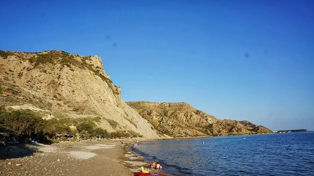 Dafni Beach in Zakynthos, featuring a mixed shoreline with calm water conditions